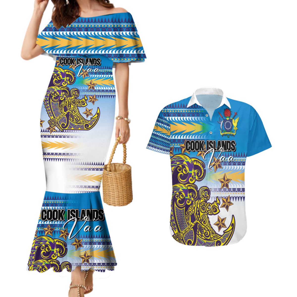 Personalised Cook Islands Va'a Race Couples Matching Mermaid Dress and Hawaiian Shirt Te Tatau Tattoos Sporty Style Glory Blue Color LT03 Blue - Polynesian Pride