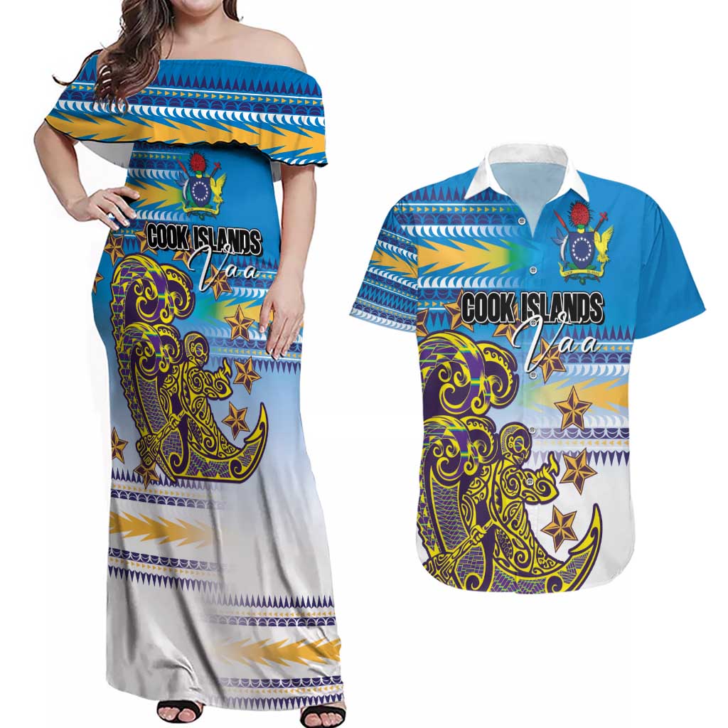 Personalised Cook Islands Va'a Race Couples Matching Off Shoulder Maxi Dress and Hawaiian Shirt Te Tatau Tattoos Sporty Style Glory Blue Color LT03 Blue - Polynesian Pride