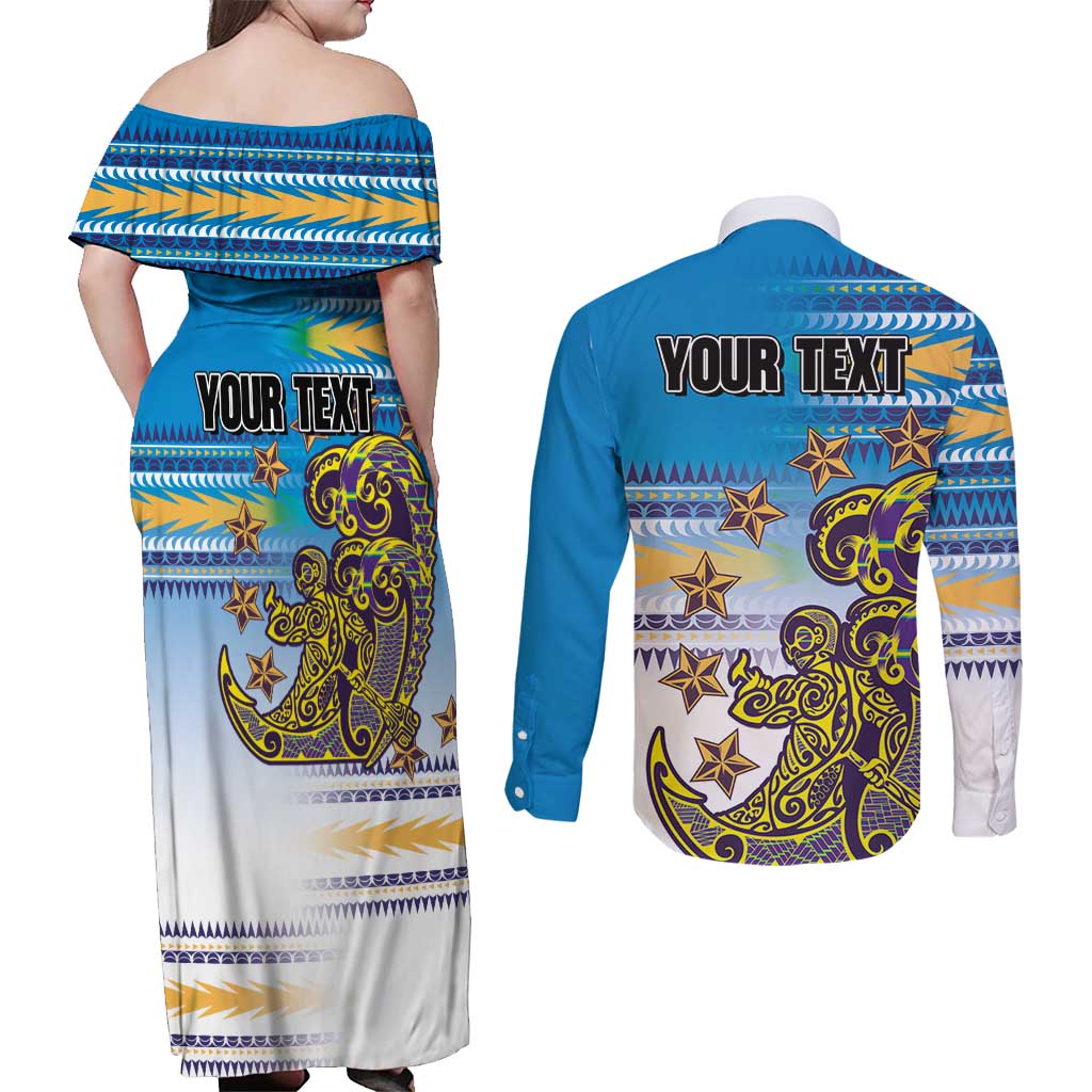 Personalised Cook Islands Va'a Race Couples Matching Off Shoulder Maxi Dress and Long Sleeve Button Shirt Te Tatau Tattoos Sporty Style Glory Blue Color LT03 - Polynesian Pride