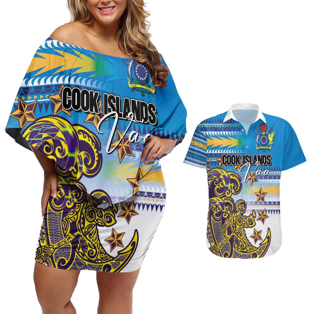 Personalised Cook Islands Va'a Race Couples Matching Off Shoulder Short Dress and Hawaiian Shirt Te Tatau Tattoos Sporty Style Glory Blue Color LT03 Blue - Polynesian Pride