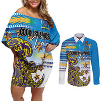 Personalised Cook Islands Va'a Race Couples Matching Off Shoulder Short Dress and Long Sleeve Button Shirt Te Tatau Tattoos Sporty Style Glory Blue Color LT03 Blue - Polynesian Pride