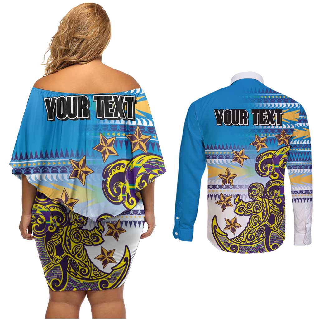 Personalised Cook Islands Va'a Race Couples Matching Off Shoulder Short Dress and Long Sleeve Button Shirt Te Tatau Tattoos Sporty Style Glory Blue Color LT03 - Polynesian Pride