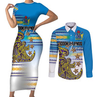 Personalised Cook Islands Va'a Race Couples Matching Short Sleeve Bodycon Dress and Long Sleeve Button Shirt Te Tatau Tattoos Sporty Style Glory Blue Color LT03 Blue - Polynesian Pride