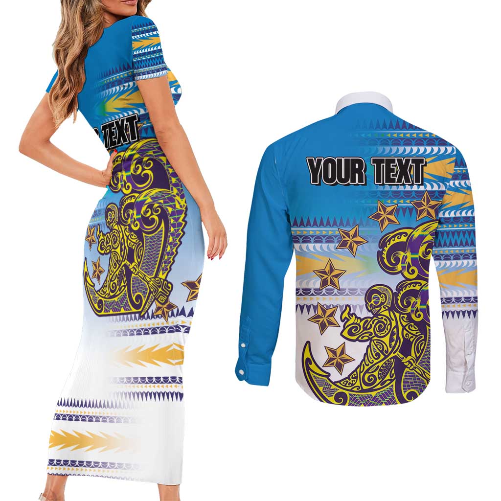Personalised Cook Islands Va'a Race Couples Matching Short Sleeve Bodycon Dress and Long Sleeve Button Shirt Te Tatau Tattoos Sporty Style Glory Blue Color LT03 - Polynesian Pride