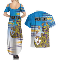 Personalised Cook Islands Va'a Race Couples Matching Summer Maxi Dress and Hawaiian Shirt Te Tatau Tattoos Sporty Style Glory Blue Color LT03 - Polynesian Pride