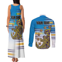 Personalised Cook Islands Va'a Race Couples Matching Tank Maxi Dress and Long Sleeve Button Shirt Te Tatau Tattoos Sporty Style Glory Blue Color LT03 - Polynesian Pride