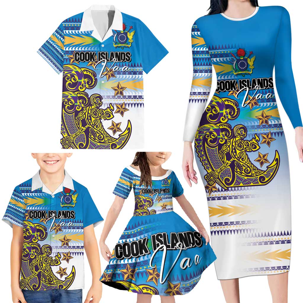 Personalised Cook Islands Va'a Race Family Matching Long Sleeve Bodycon Dress and Hawaiian Shirt Te Tatau Tattoos Sporty Style Glory Blue Color LT03 - Polynesian Pride
