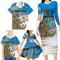 Personalised Cook Islands Va'a Race Family Matching Long Sleeve Bodycon Dress and Hawaiian Shirt Te Tatau Tattoos Sporty Style Glory Blue Color LT03 - Polynesian Pride