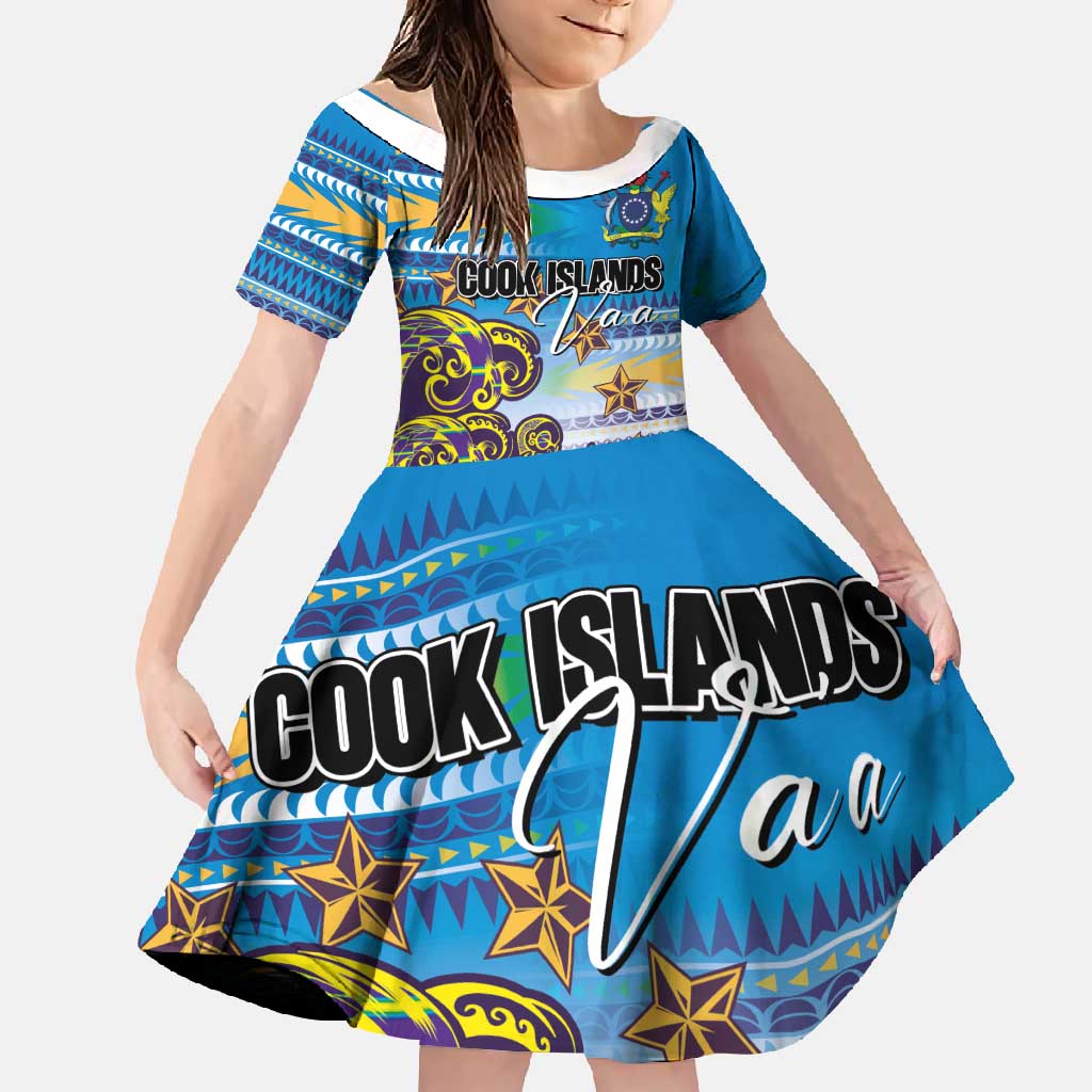Personalised Cook Islands Va'a Race Family Matching Mermaid Dress and Hawaiian Shirt Te Tatau Tattoos Sporty Style Glory Blue Color LT03 Daughter's Dress Blue - Polynesian Pride