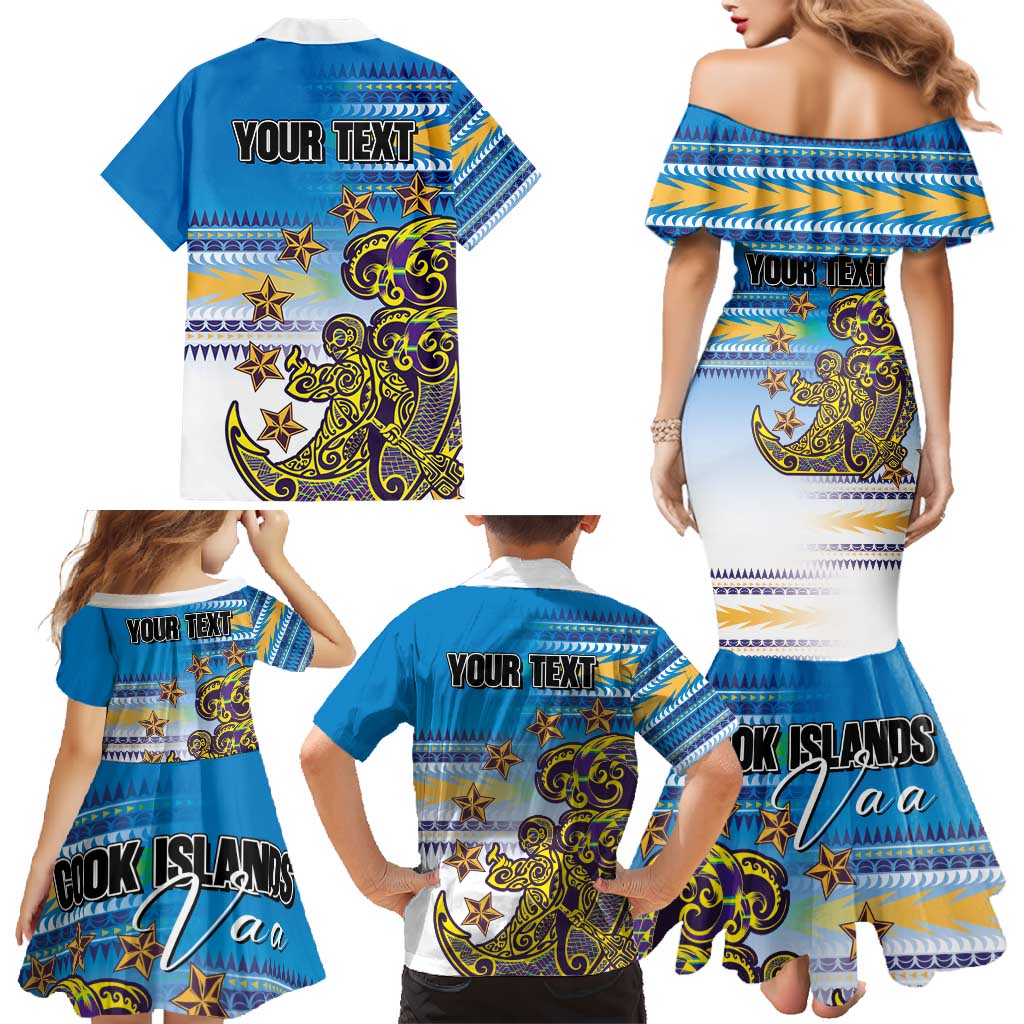 Personalised Cook Islands Va'a Race Family Matching Mermaid Dress and Hawaiian Shirt Te Tatau Tattoos Sporty Style Glory Blue Color LT03 - Polynesian Pride