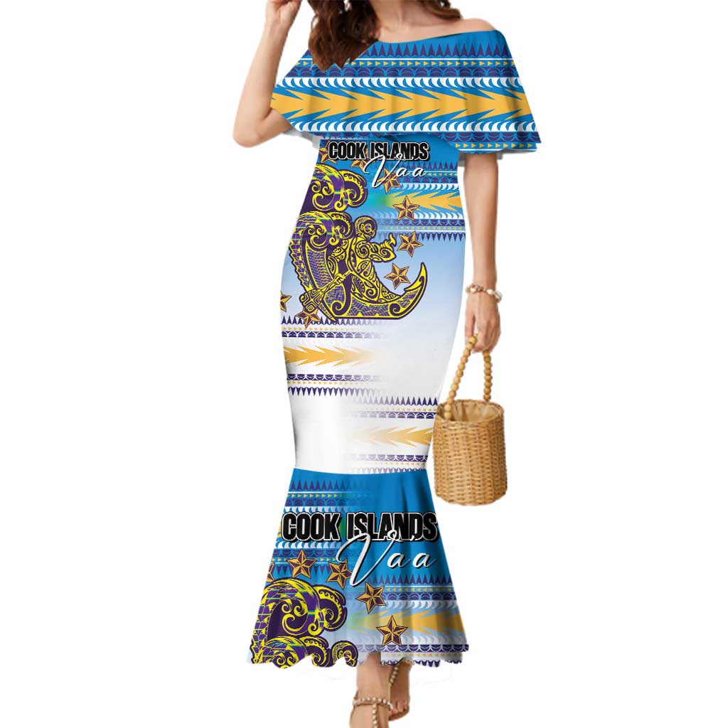 Personalised Cook Islands Va'a Race Family Matching Mermaid Dress and Hawaiian Shirt Te Tatau Tattoos Sporty Style Glory Blue Color LT03 Mom's Dress Blue - Polynesian Pride