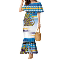 Personalised Cook Islands Va'a Race Family Matching Mermaid Dress and Hawaiian Shirt Te Tatau Tattoos Sporty Style Glory Blue Color LT03 Mom's Dress Blue - Polynesian Pride