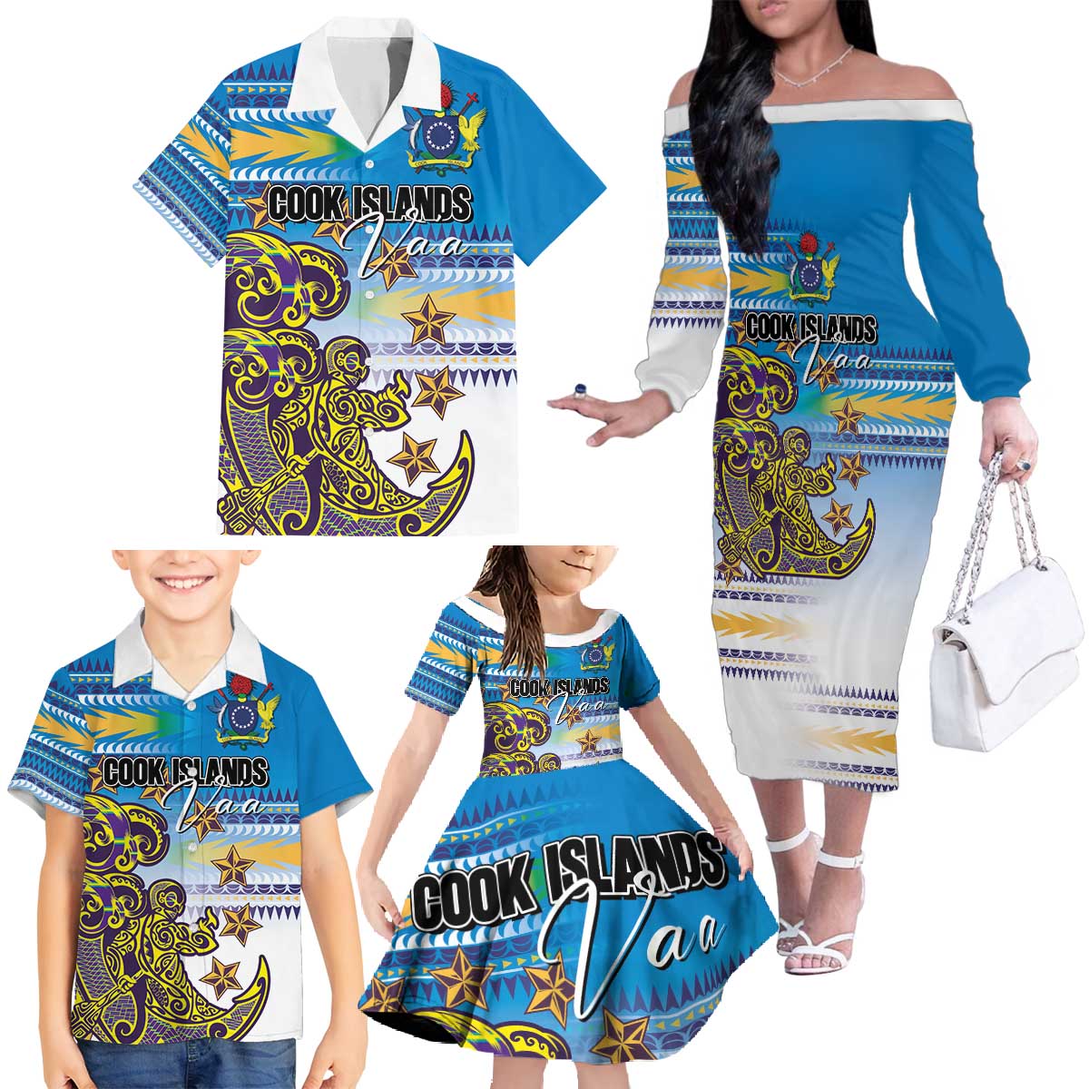 Personalised Cook Islands Va'a Race Family Matching Off The Shoulder Long Sleeve Dress and Hawaiian Shirt Te Tatau Tattoos Sporty Style Glory Blue Color LT03 - Polynesian Pride