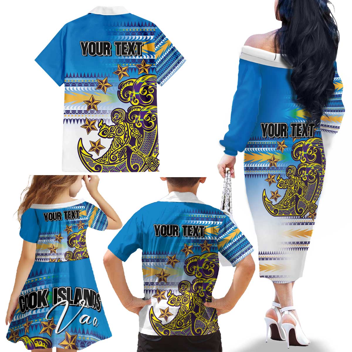 Personalised Cook Islands Va'a Race Family Matching Off The Shoulder Long Sleeve Dress and Hawaiian Shirt Te Tatau Tattoos Sporty Style Glory Blue Color LT03 - Polynesian Pride
