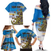 Personalised Cook Islands Va'a Race Family Matching Off The Shoulder Long Sleeve Dress and Hawaiian Shirt Te Tatau Tattoos Sporty Style Glory Blue Color LT03 - Polynesian Pride