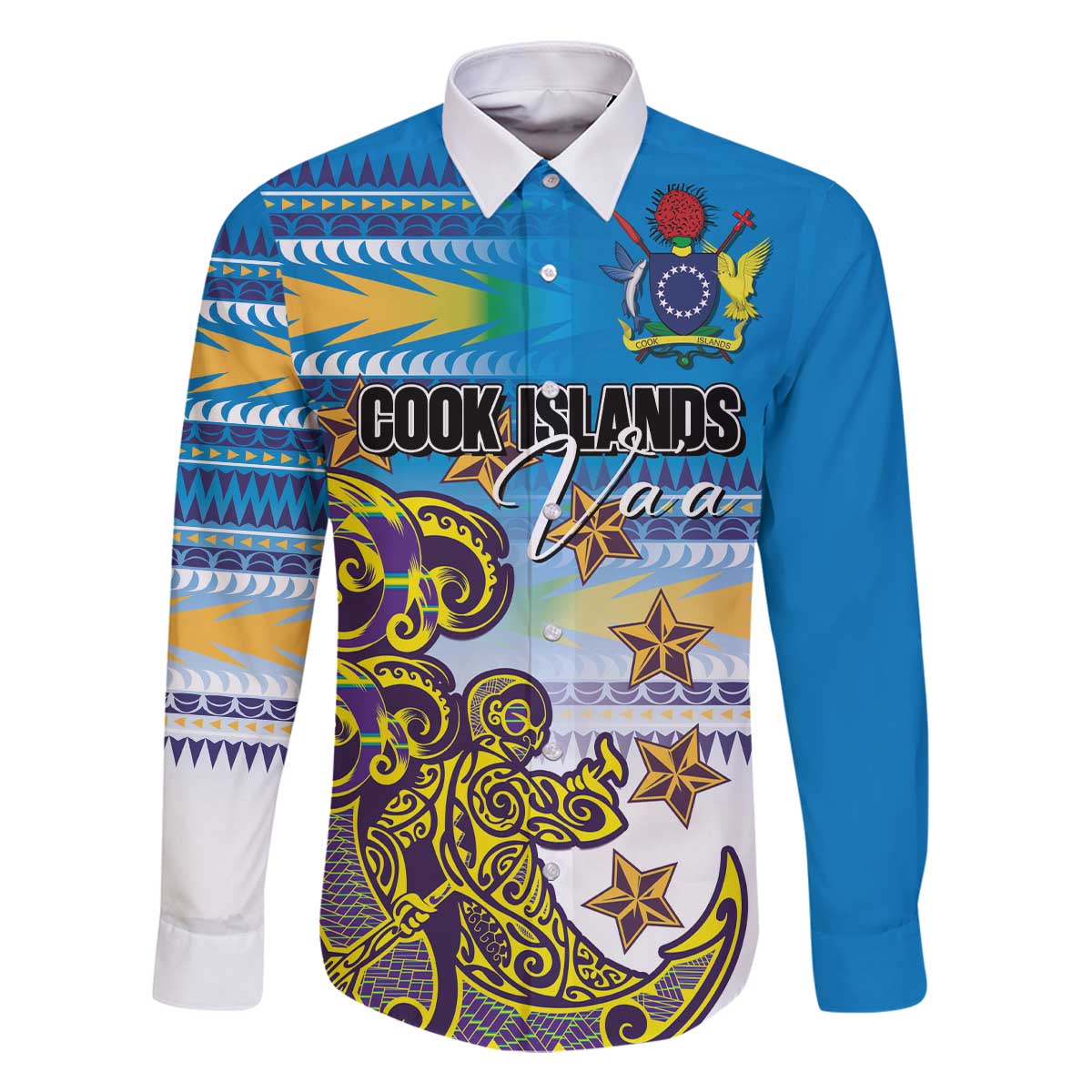 Personalised Cook Islands Va'a Race Family Matching Off The Shoulder Long Sleeve Dress and Hawaiian Shirt Te Tatau Tattoos Sporty Style Glory Blue Color LT03 Dad's Shirt - Long Sleeve Blue - Polynesian Pride