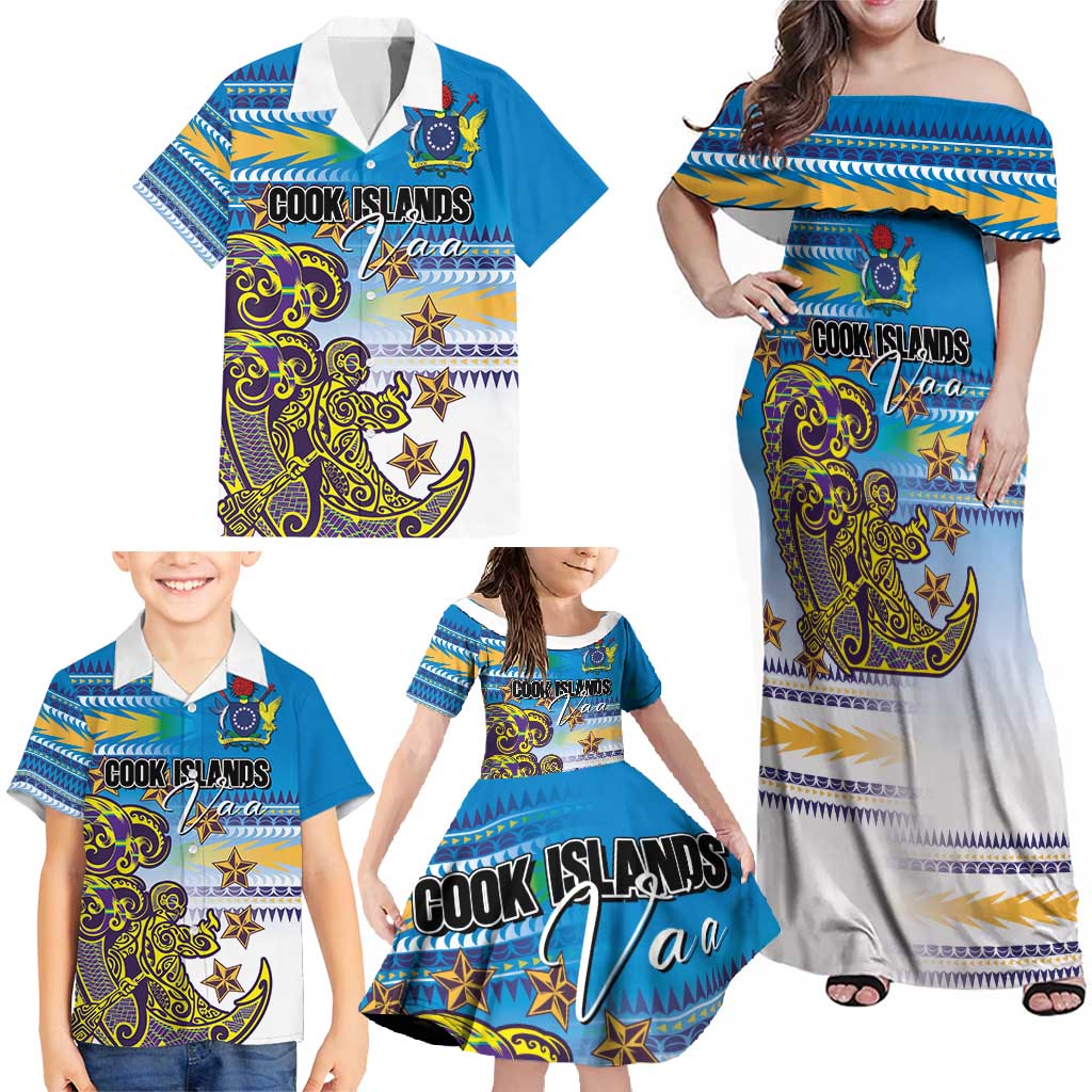 Personalised Cook Islands Va'a Race Family Matching Off Shoulder Maxi Dress and Hawaiian Shirt Te Tatau Tattoos Sporty Style Glory Blue Color LT03 - Polynesian Pride