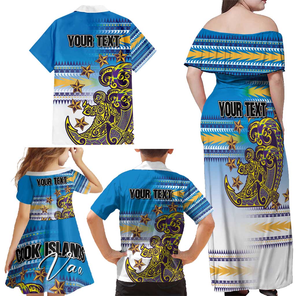 Personalised Cook Islands Va'a Race Family Matching Off Shoulder Maxi Dress and Hawaiian Shirt Te Tatau Tattoos Sporty Style Glory Blue Color LT03 - Polynesian Pride