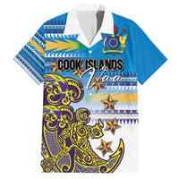 Personalised Cook Islands Va'a Race Family Matching Off Shoulder Short Dress and Hawaiian Shirt Te Tatau Tattoos Sporty Style Glory Blue Color LT03 Dad's Shirt - Short Sleeve Blue - Polynesian Pride