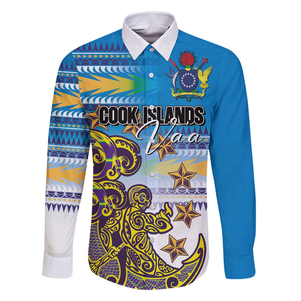 Personalised Cook Islands Va'a Race Family Matching Off Shoulder Short Dress and Hawaiian Shirt Te Tatau Tattoos Sporty Style Glory Blue Color LT03 Dad's Shirt - Long Sleeve Blue - Polynesian Pride