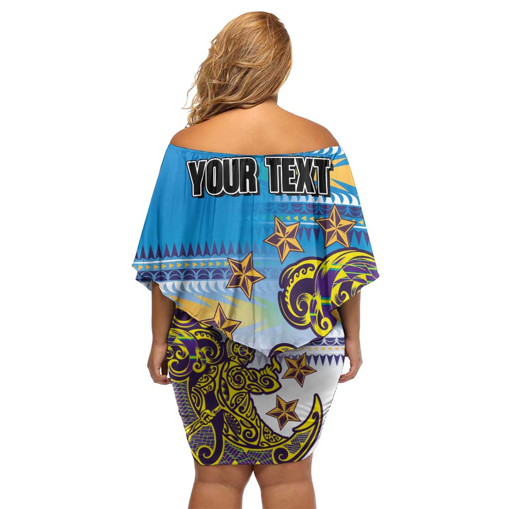 Personalised Cook Islands Va'a Race Family Matching Off Shoulder Short Dress and Hawaiian Shirt Te Tatau Tattoos Sporty Style Glory Blue Color LT03 - Polynesian Pride