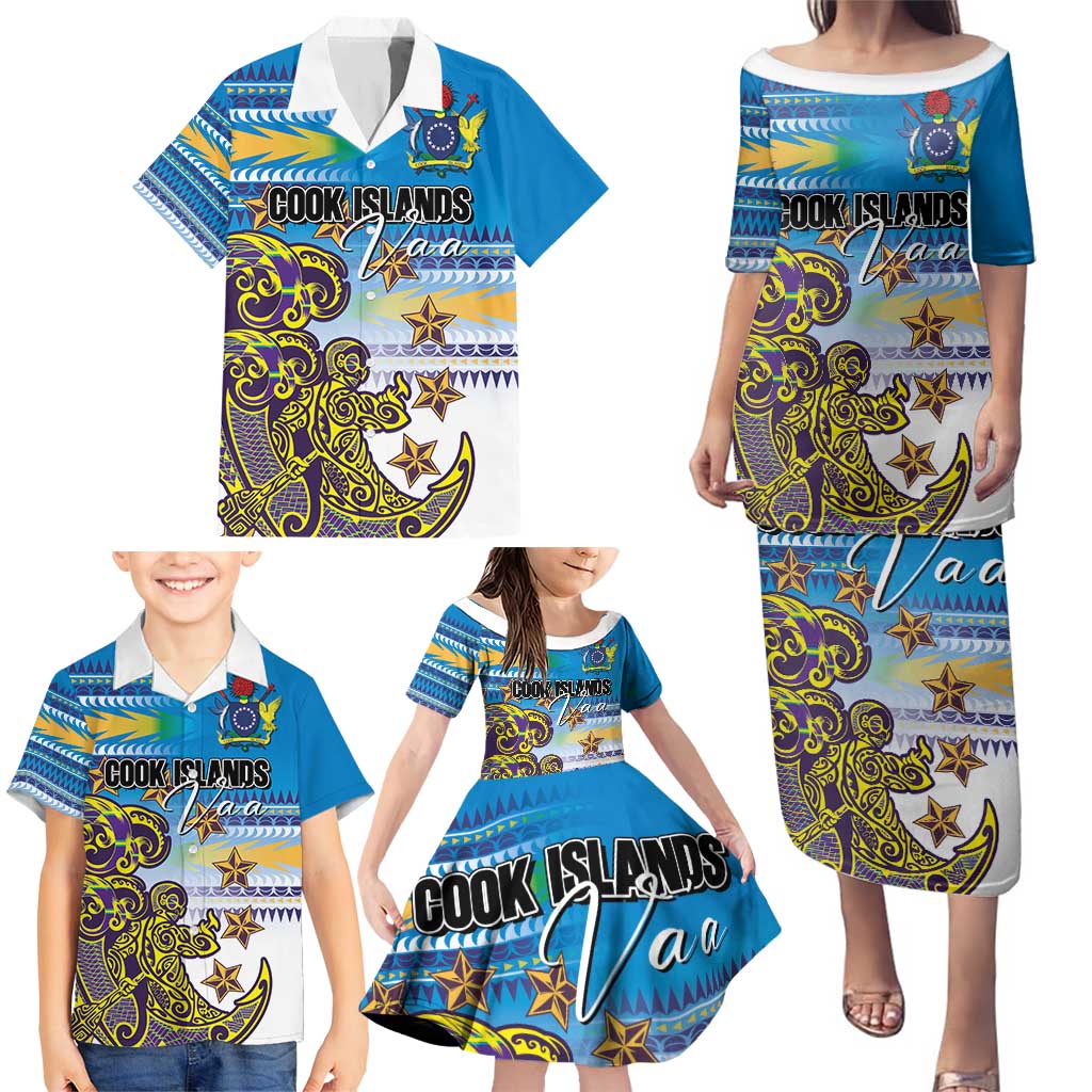 Personalised Cook Islands Va'a Race Family Matching Puletasi and Hawaiian Shirt Te Tatau Tattoos Sporty Style Glory Blue Color LT03 - Polynesian Pride