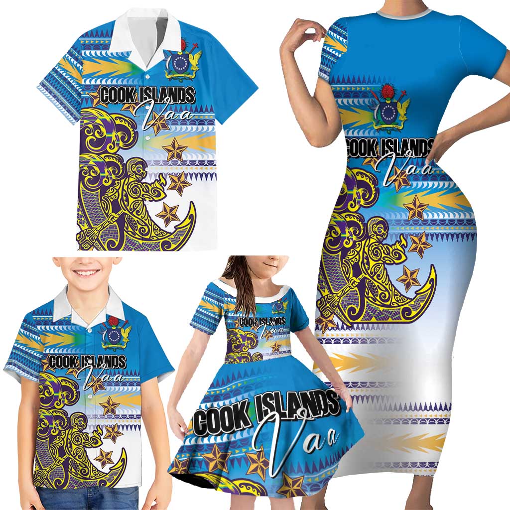 Personalised Cook Islands Va'a Race Family Matching Short Sleeve Bodycon Dress and Hawaiian Shirt Te Tatau Tattoos Sporty Style Glory Blue Color LT03 - Polynesian Pride