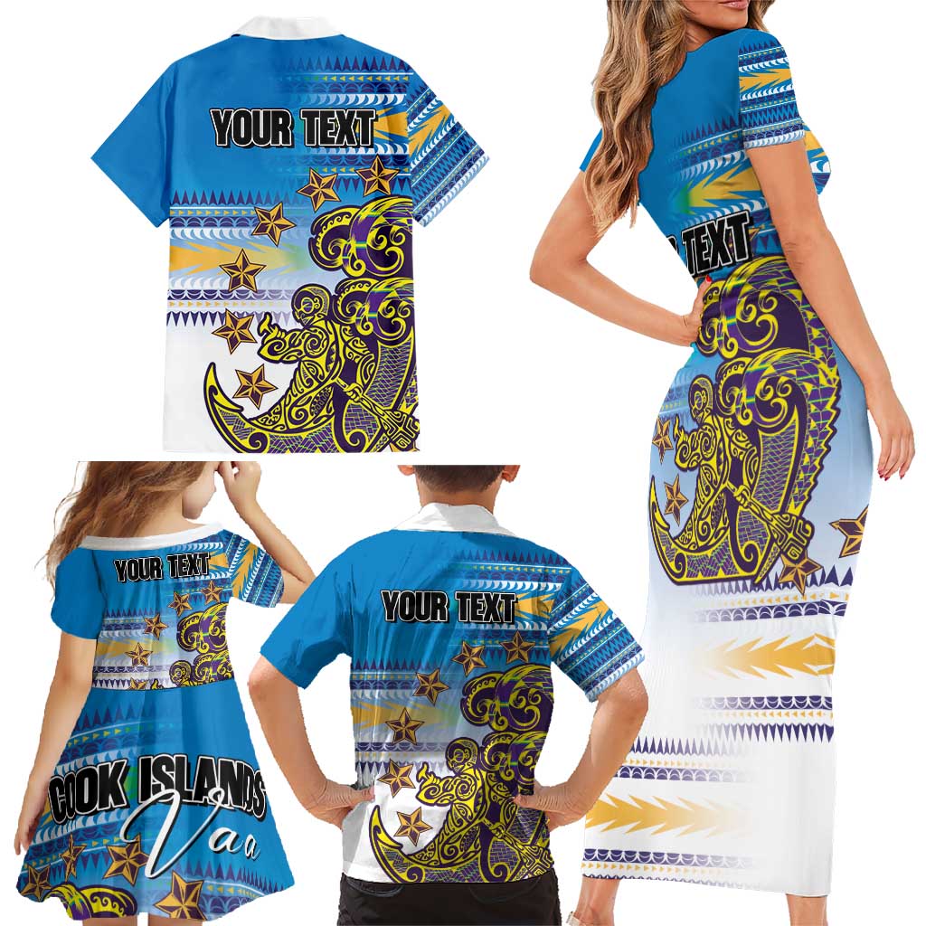 Personalised Cook Islands Va'a Race Family Matching Short Sleeve Bodycon Dress and Hawaiian Shirt Te Tatau Tattoos Sporty Style Glory Blue Color LT03 - Polynesian Pride