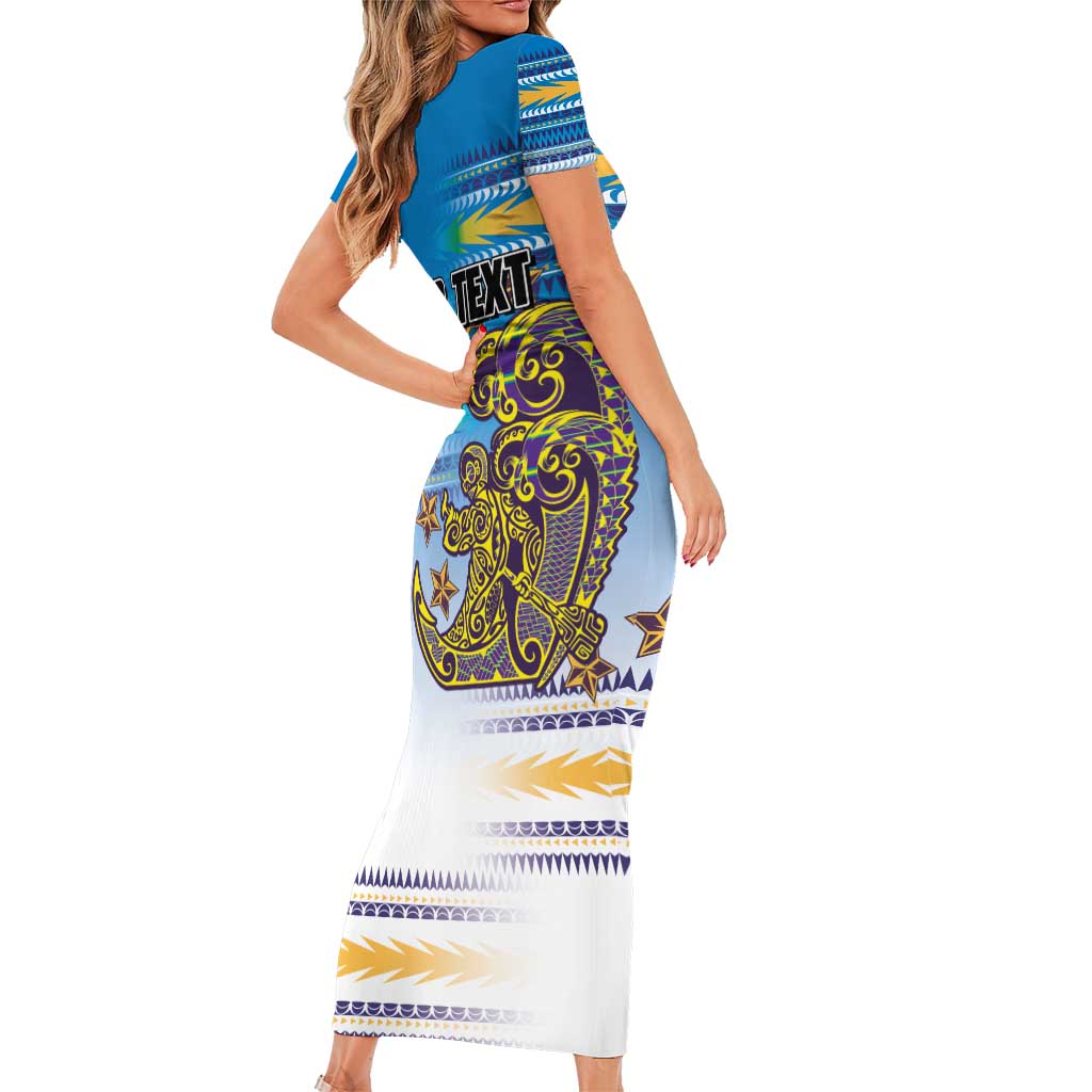 Personalised Cook Islands Va'a Race Family Matching Short Sleeve Bodycon Dress and Hawaiian Shirt Te Tatau Tattoos Sporty Style Glory Blue Color LT03 - Polynesian Pride