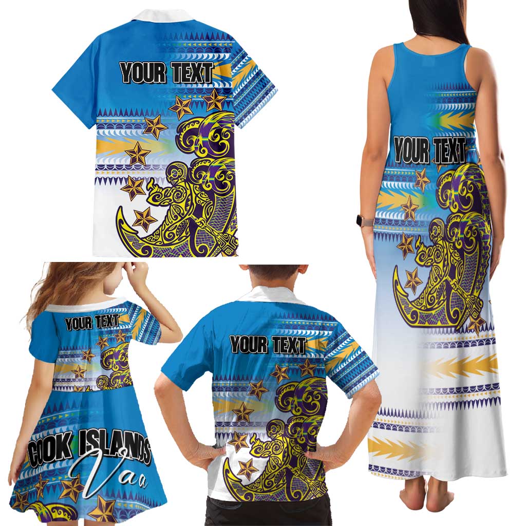 Personalised Cook Islands Va'a Race Family Matching Tank Maxi Dress and Hawaiian Shirt Te Tatau Tattoos Sporty Style Glory Blue Color LT03 - Polynesian Pride
