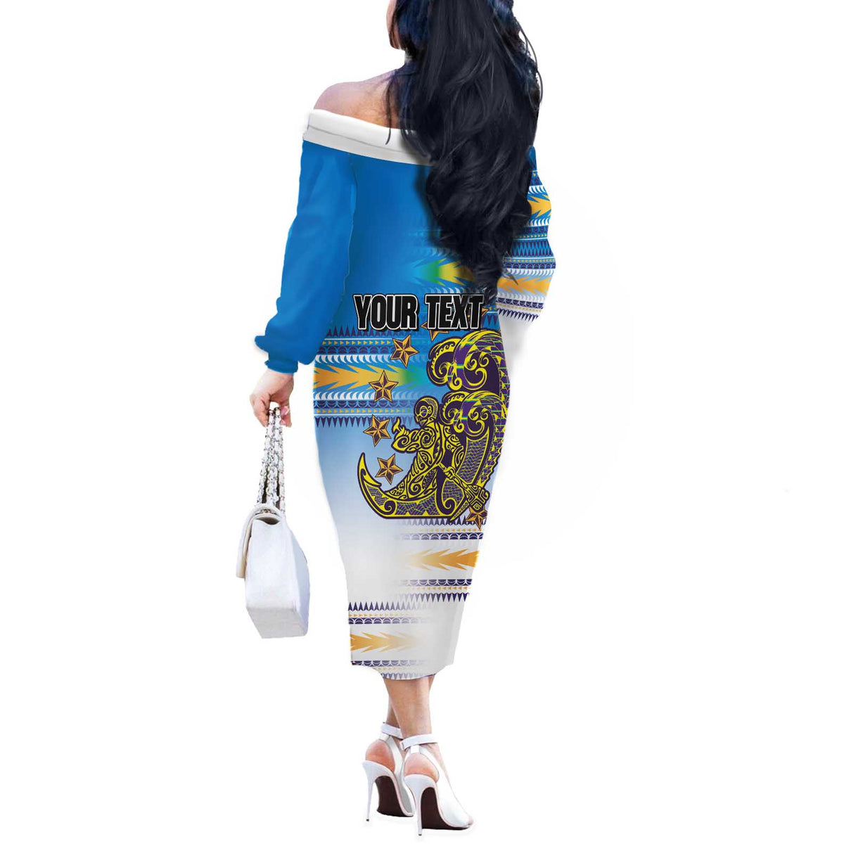 Personalised Cook Islands Va'a Race Off The Shoulder Long Sleeve Dress Te Tatau Tattoos Sporty Style Glory Blue Color LT03 - Polynesian Pride