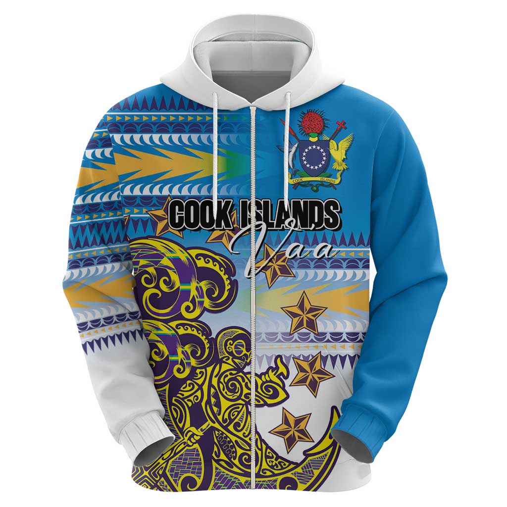 Personalised Cook Islands Va'a Race Zip Hoodie Te Tatau Tattoos Sporty Style Glory Blue Color - Polynesian Pride