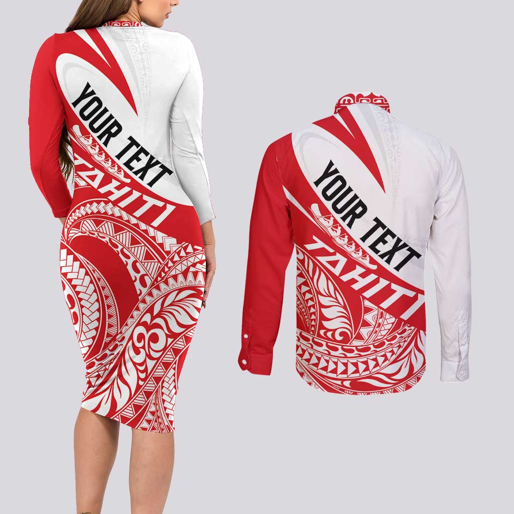 Personalised Tahiti Va'a Race Couples Matching Long Sleeve Bodycon Dress and Long Sleeve Button Shirt Polynesian Tattoos Sporty Style LT03 - Polynesian Pride