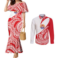 Personalised Tahiti Va'a Race Couples Matching Mermaid Dress and Long Sleeve Button Shirt Polynesian Tattoos Sporty Style LT03 Red - Polynesian Pride
