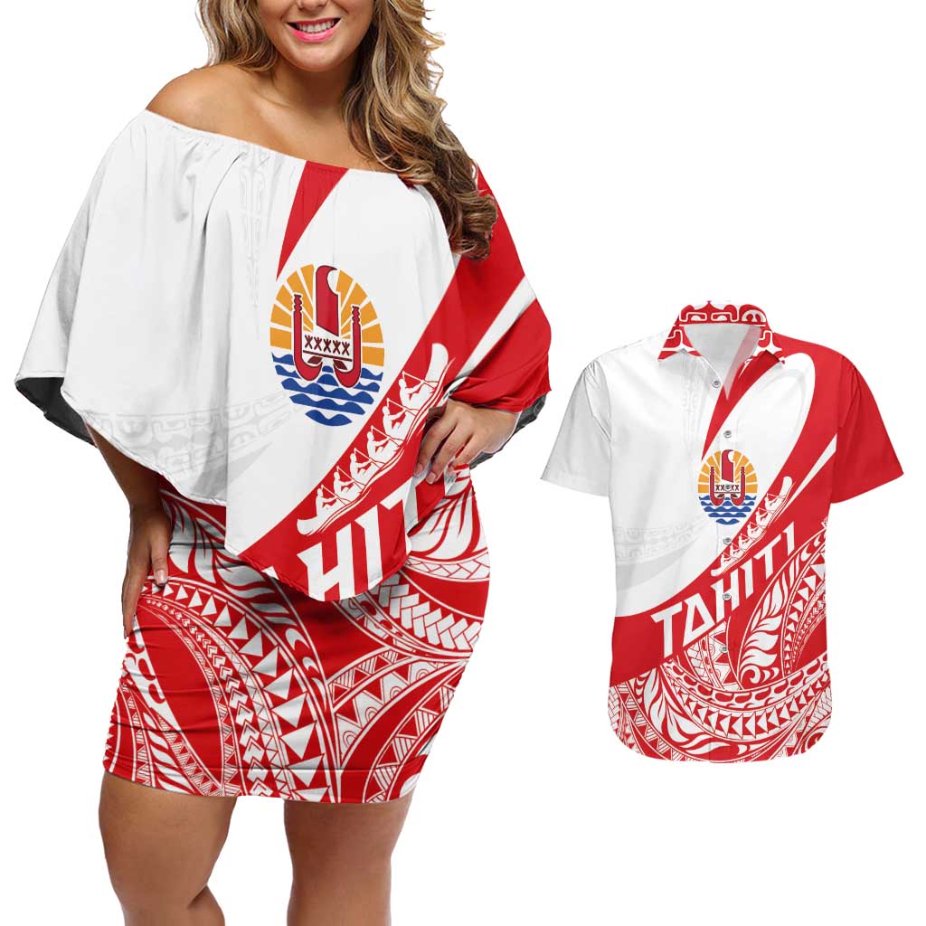 Personalised Tahiti Va'a Race Couples Matching Off Shoulder Short Dress and Hawaiian Shirt Polynesian Tattoos Sporty Style LT03 Red - Polynesian Pride