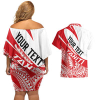 Personalised Tahiti Va'a Race Couples Matching Off Shoulder Short Dress and Hawaiian Shirt Polynesian Tattoos Sporty Style LT03 - Polynesian Pride
