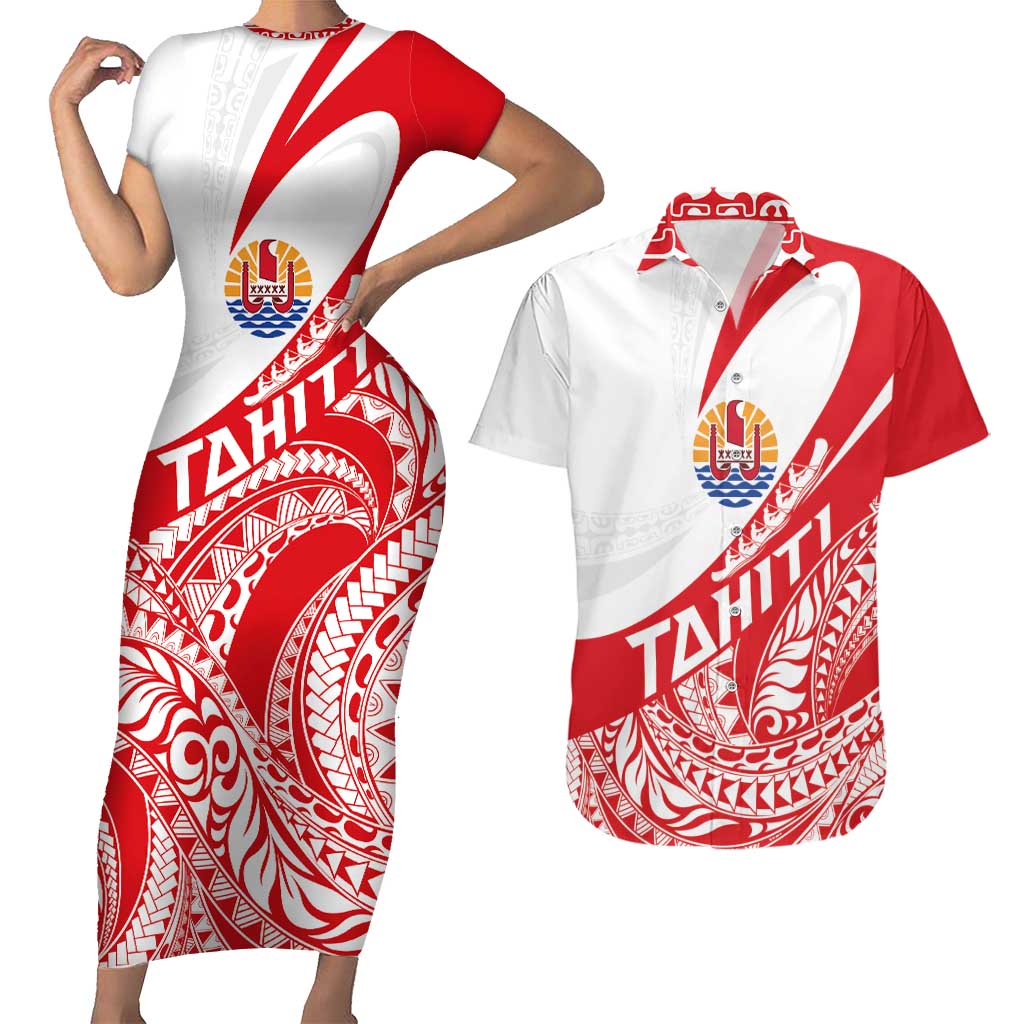 Personalised Tahiti Va'a Race Couples Matching Short Sleeve Bodycon Dress and Hawaiian Shirt Polynesian Tattoos Sporty Style LT03 Red - Polynesian Pride