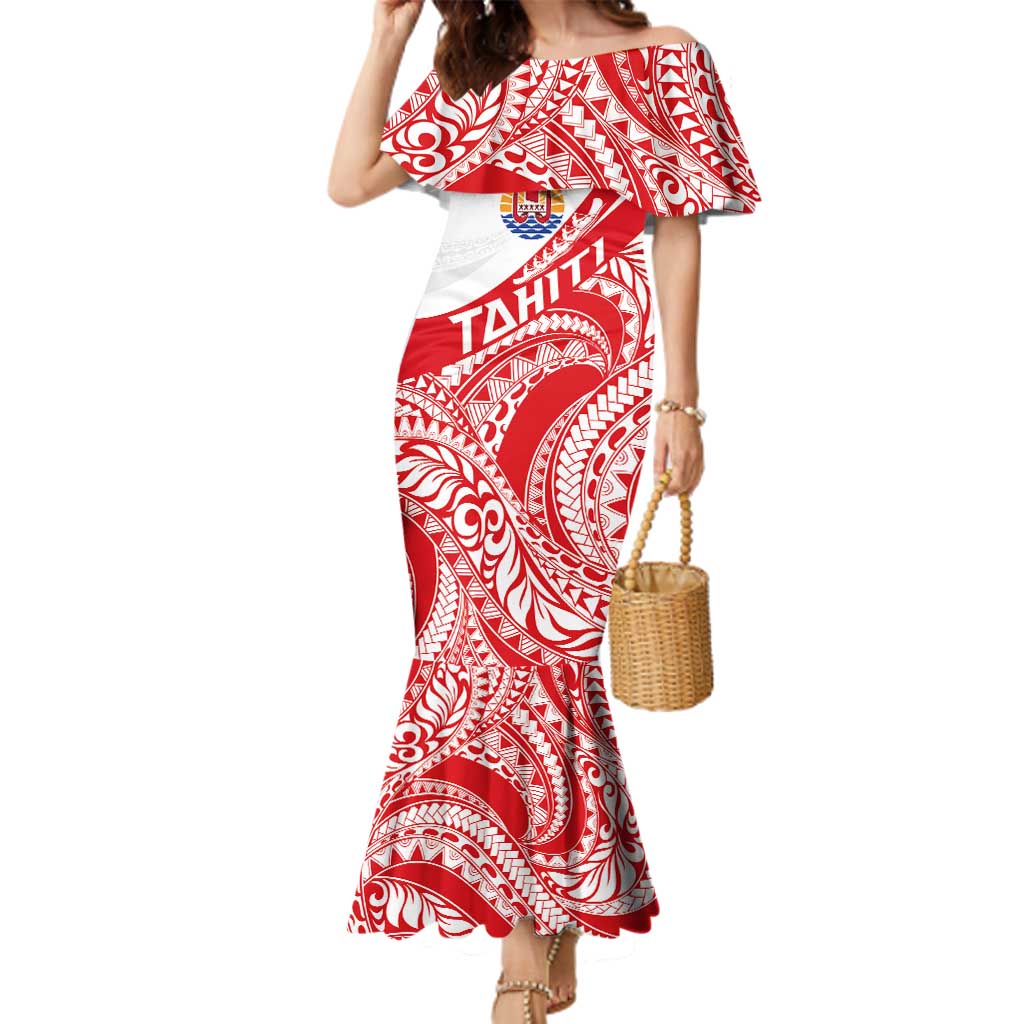 Personalised Tahiti Va'a Race Family Matching Mermaid Dress and Hawaiian Shirt Polynesian Tattoos Sporty Style LT03 Mom's Dress Red - Polynesian Pride