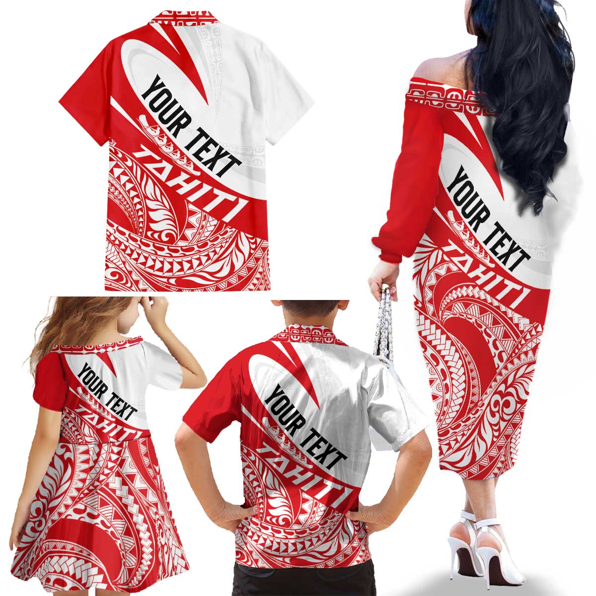 Personalised Tahiti Va'a Race Family Matching Off The Shoulder Long Sleeve Dress and Hawaiian Shirt Polynesian Tattoos Sporty Style LT03 - Polynesian Pride