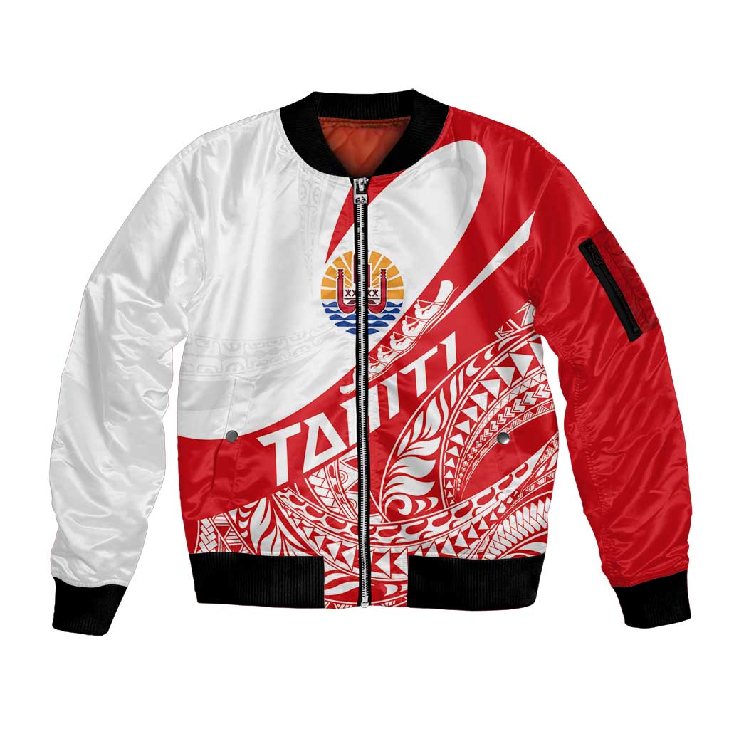 Personalised Tahiti Va'a Race Sleeve Zip Bomber Jacket Polynesian Tattoos Sporty Style LT03 Unisex Red - Polynesian Pride