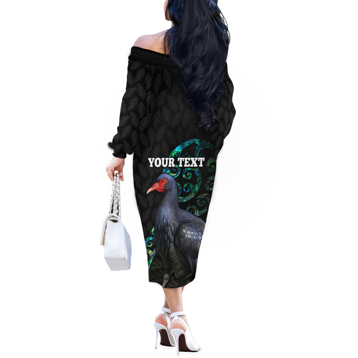 Custom Pukeko New Zealand Off The Shoulder Long Sleeve Dress Koru Papua Shell with Silver Fern Pattern LT03 - Polynesian Pride
