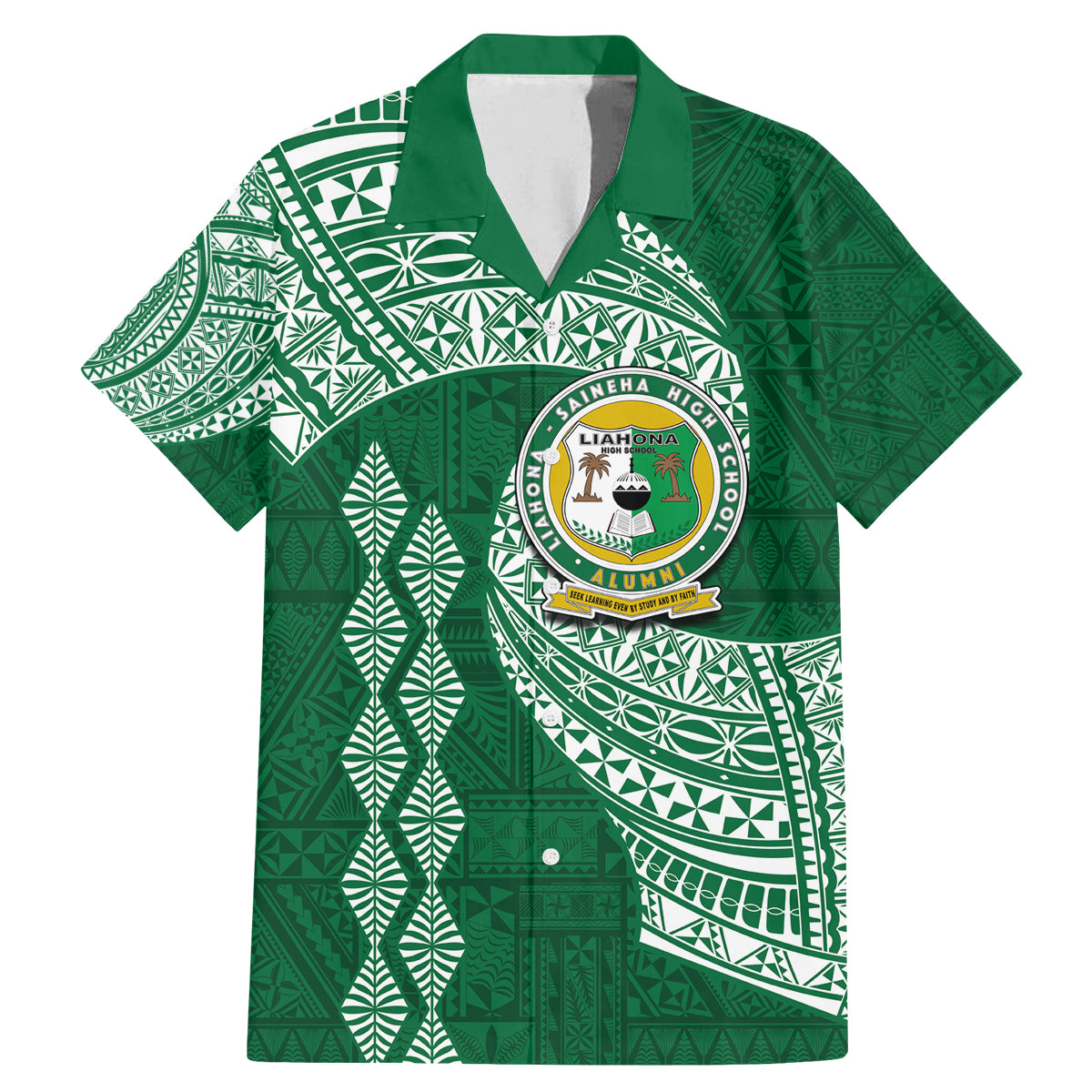 Tonga Lahaina High School Family Matching Mermaid Dress and Hawaiian Shirt Traditional Ngatu and Polynesian Pattern LT03 Dad's Shirt - Short Sleeve Green - Polynesian Pride