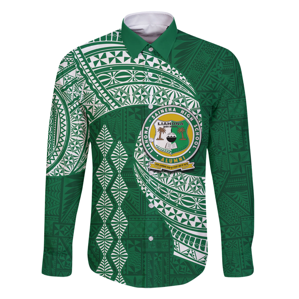 Tonga Lahaina High School Family Matching Mermaid Dress and Hawaiian Shirt Traditional Ngatu and Polynesian Pattern LT03 Dad's Shirt - Long Sleeve Green - Polynesian Pride