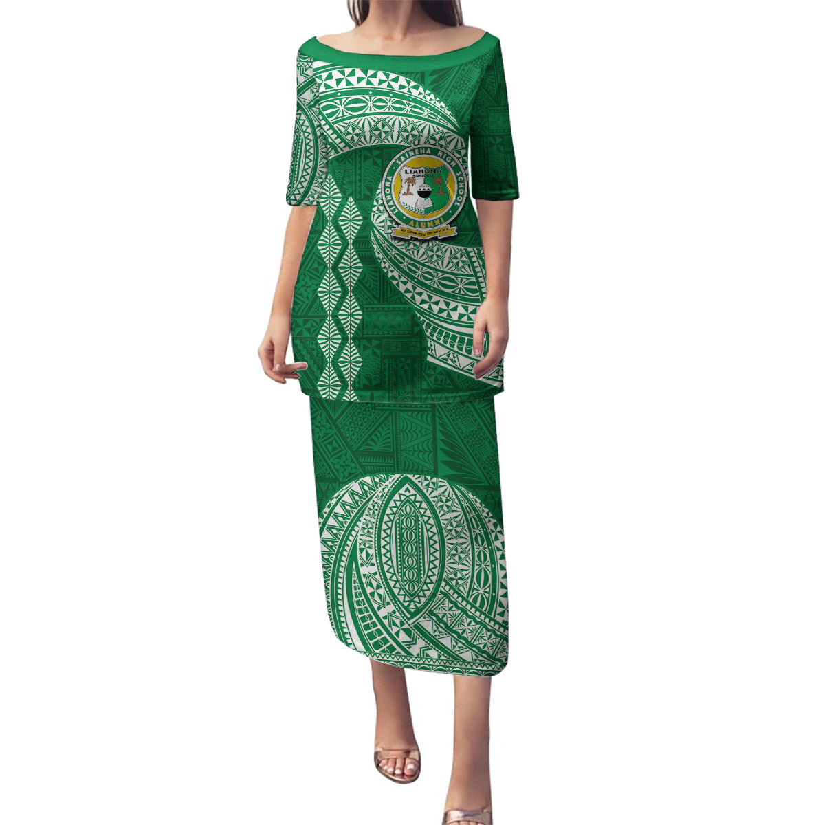 Tonga Lahaina High School Family Matching Puletasi Dress and Hawaiian Shirt Traditional Ngatu and Polynesian Pattern LT03 Mom's Dress Green - Polynesian Pride