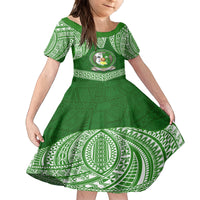 Tonga Liahona High School Family Matching Long Sleeve Bodycon Dress and Hawaiian Shirt Traditional Ngatu and Polynesian Pattern LT03 Daughter's Dress Green - Polynesian Pride