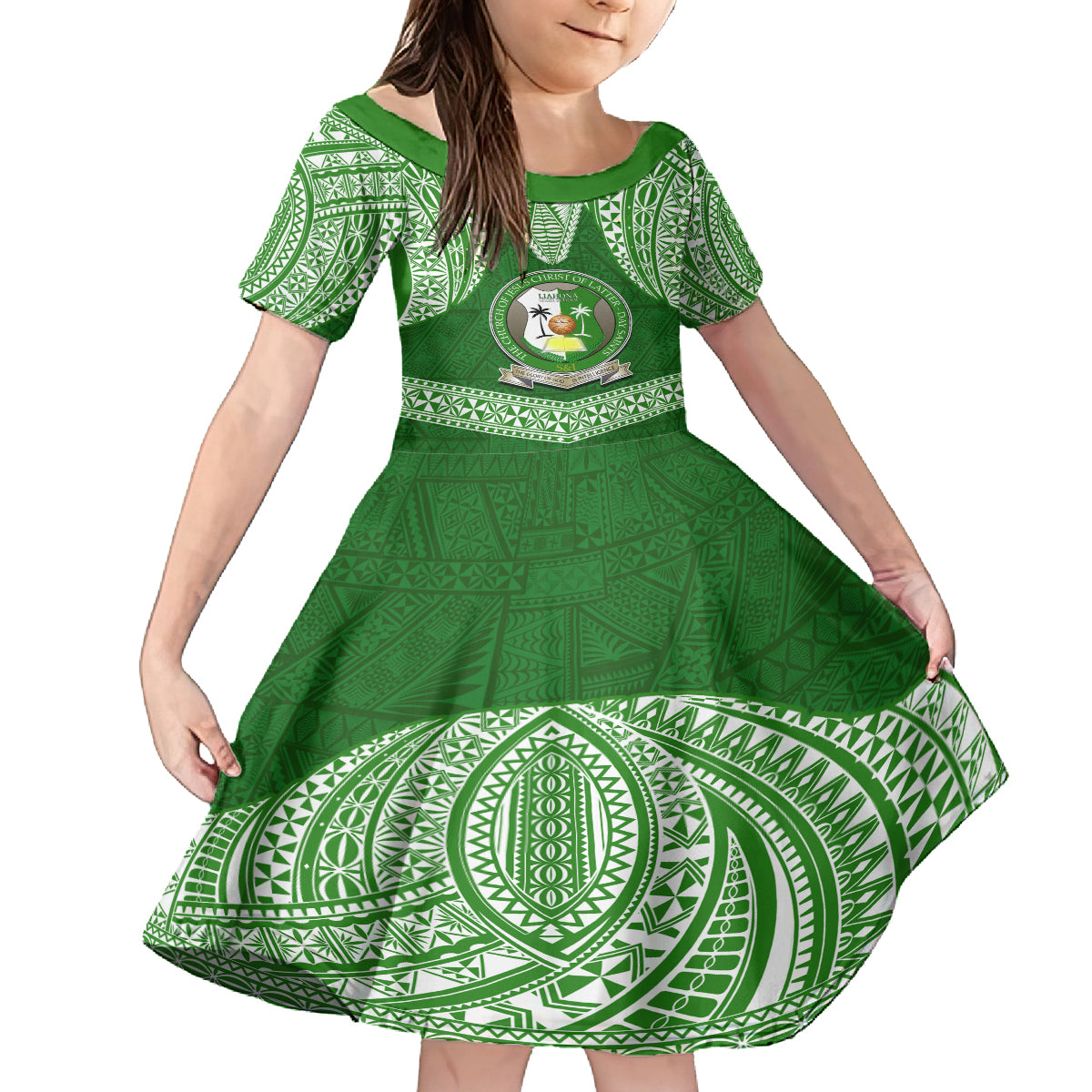 Tonga Liahona High School Family Matching Off Shoulder Maxi Dress and Hawaiian Shirt Traditional Ngatu and Polynesian Pattern LT03 Daughter's Dress Green - Polynesian Pride