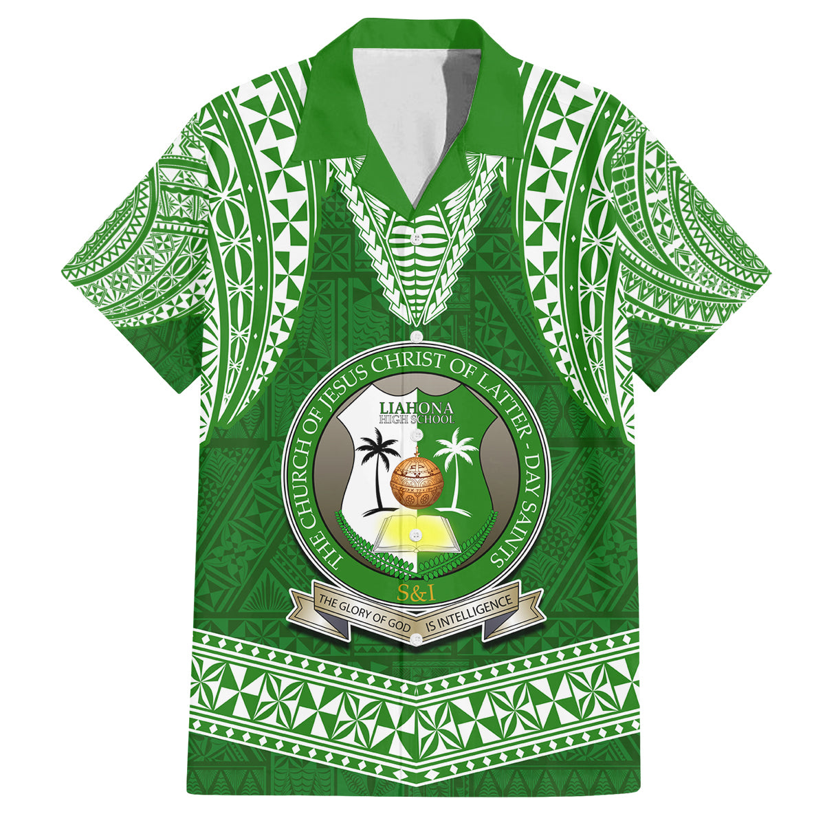 Tonga Liahona High School Family Matching Puletasi Dress and Hawaiian Shirt Traditional Ngatu and Polynesian Pattern LT03 Dad's Shirt - Short Sleeve Green - Polynesian Pride