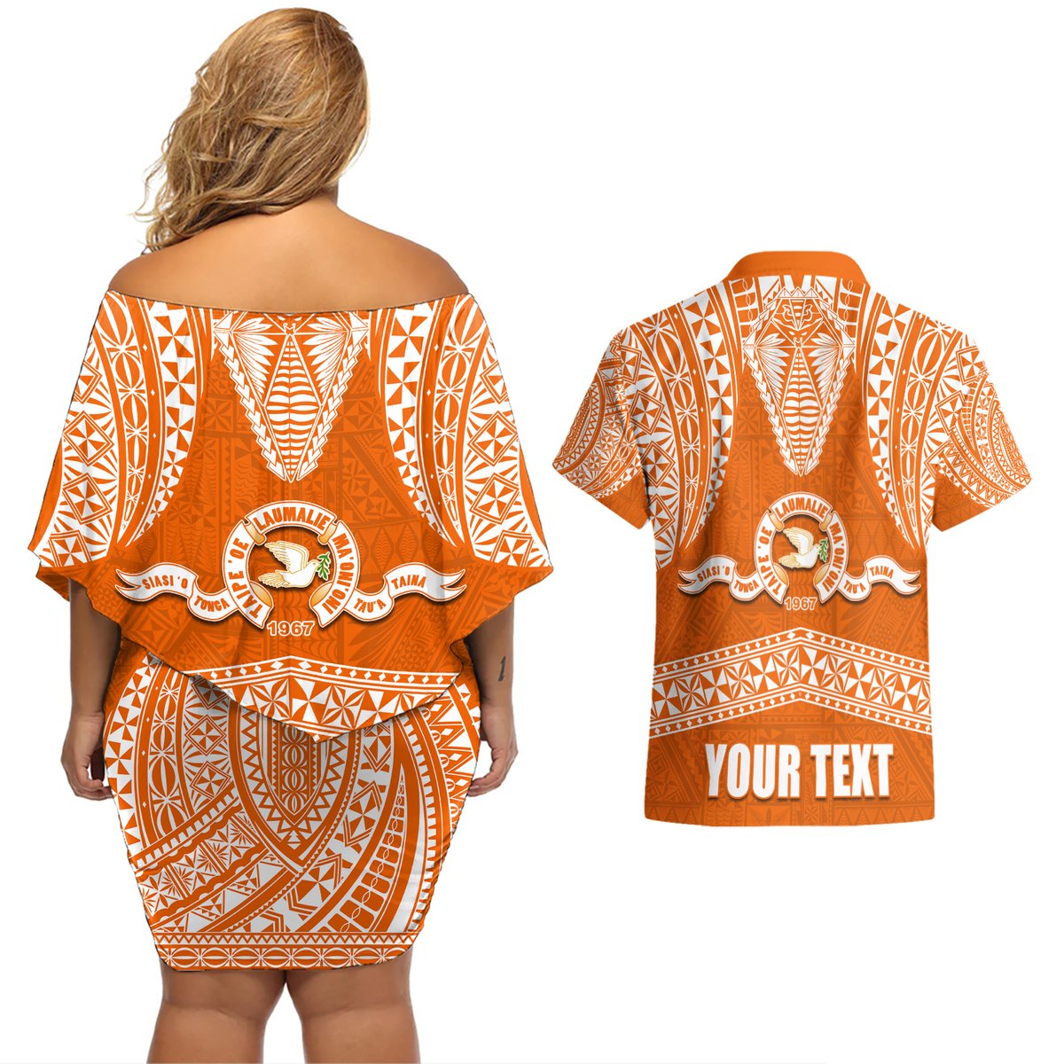 Tonga Tailulu College Couples Matching Off Shoulder Short Dress and Hawaiian Shirt Traditional Ngatu and Polynesian Pattern LT03 - Polynesian Pride