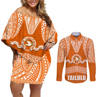 Tonga Tailulu College Couples Matching Off Shoulder Short Dress and Long Sleeve Button Shirt Traditional Ngatu and Polynesian Pattern LT03 Orange - Polynesian Pride