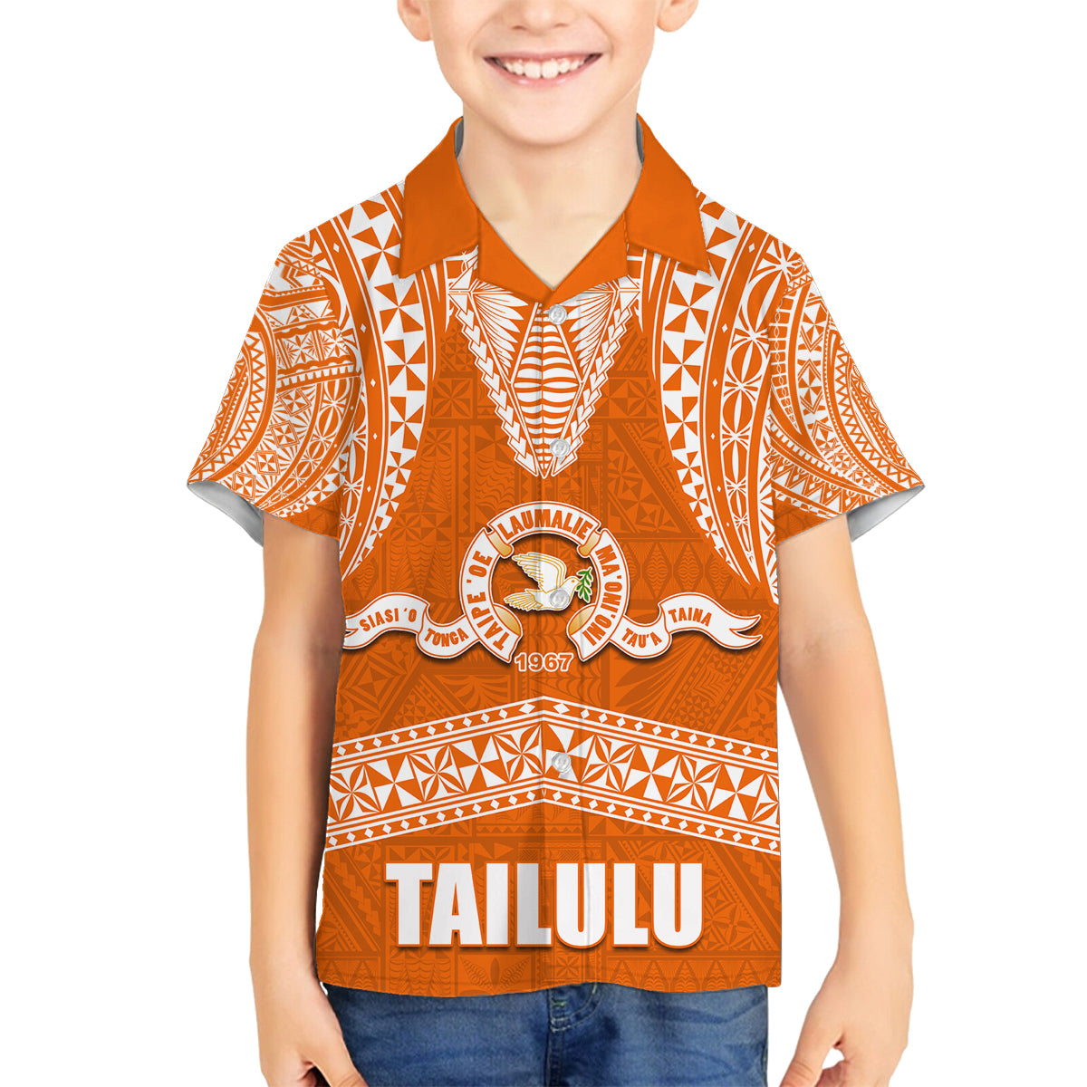 Tonga Tailulu College Family Matching Long Sleeve Bodycon Dress and Hawaiian Shirt Traditional Ngatu and Polynesian Pattern LT03 Son's Shirt Orange - Polynesian Pride
